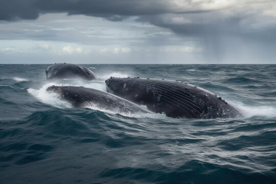 Whales in the Deep Blue Panoramic View of a Vast Ocean with Breaching Whales, generative ai