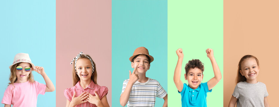 Group of different little children on color background