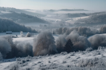 Winter Wonderland Rolling Hills Covered in Snow and Frost, generative ai
