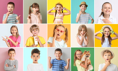 Set of different adorable children on color background