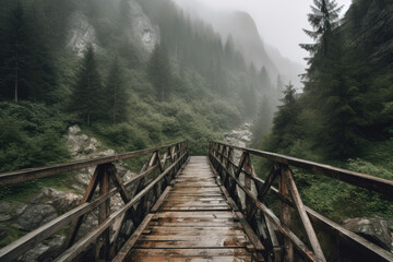 Fototapeta na wymiar Wooden Bridge over a Misty Mountain Gorge, generative ai