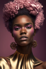 Fashion Afroamerikanisches Model Gesicht mit Blumen Kopfschmuck Nahaufnahme, ai generativ