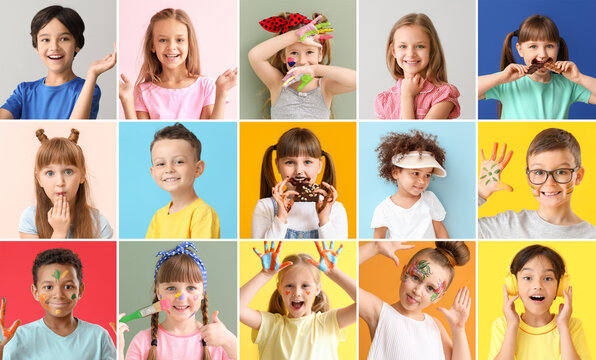 Collection of different cute children on color background