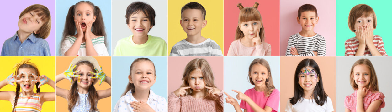 Group of different adorable children on color background