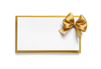 Blank gift card with golden bow isolated on white, top view - obrazy, fototapety, plakaty
