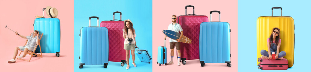 Collage with tourists and big luggage on color background - obrazy, fototapety, plakaty