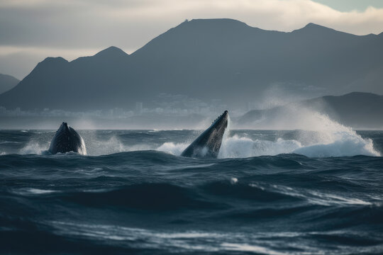 Awe-Inspiring Ocean Stunning Landscape with Whales Breaching in the Distance, generative ai