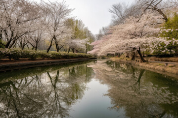 Fototapeta na wymiar Blossoming Cherry Blossom Park with a Peaceful Pond, generative ai