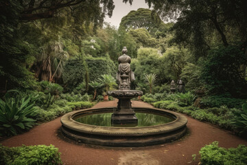 Captivating view of a tranquil park adorned with a stunning statue and a mesmerizing fountain, generative ai
