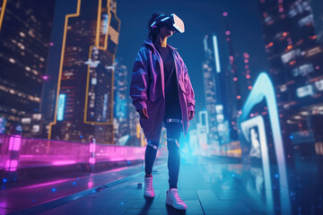 Teenager with VR goggles in metaverse city. Generative AI.