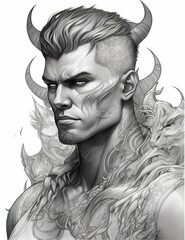 Fantasy character with Asian influences, young male, black white illustration, outline for coloring book page, AI generative coloring card Generative AI