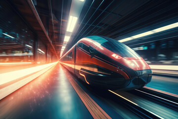 Fototapeta premium Futuristic train moving forward fast, motion blur. Generative AI.