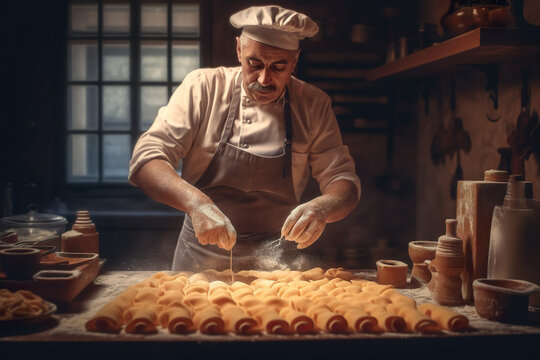 Italian pasta cook working with dough for making tasty handmade pasta, AI generative Generative AI