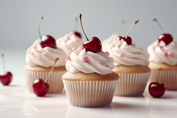 A group of cupcakes with white frosting and cherries. AI generative. Generative AI