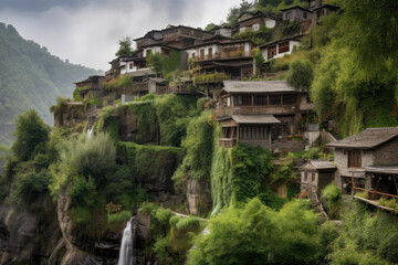 Fototapeta na wymiar enchanting hillside village perched on a rocky outcrop, with cascading waterfalls and a sweeping view of a misty valley, generative ai