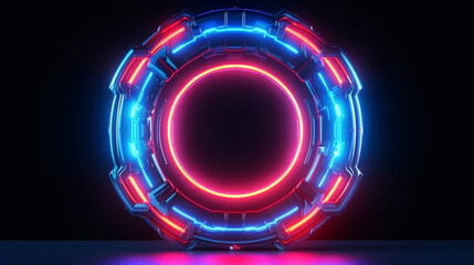 Futuristic blue and red glowing neon round portal Sci fi metal construction Generative AI - obrazy, fototapety, plakaty