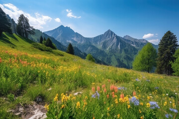 Fototapeta premium Enchanting landscape of a snow-capped mountain peak adorned with colorful wildflowers and surrounded by lush green meadows, generative ai