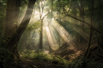 Enchanting forest with rays of sunlight creating a mystical aura, generative ai