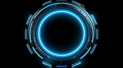 Futuristic circle light frame in blue on black backdrop Generative AI