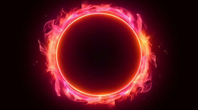 Flame frame, pink neon circle shape, realistic burning fire Generative AI