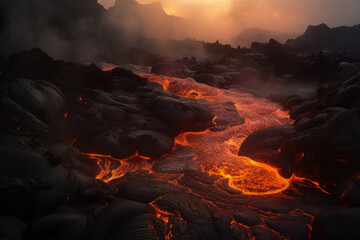 Fiery Hellscape Volcanic Landscape with Streams of Molten Lava and Billowing Smoke, generative ai