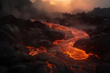 Foto auf Alu-Dibond Fiery Hellscape Volcanic Landscape with Streams of Molten Lava and Billowing Smoke, generative ai © aicandy