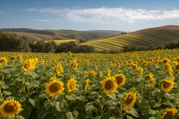 Fototapeta premium Field of Gold Sea of Rolling Hills Covered in Sunflowers, generative ai