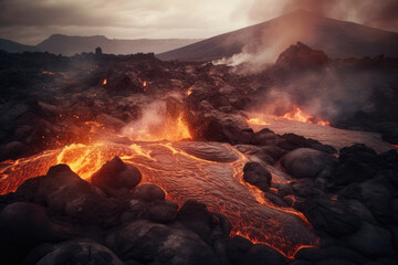 Fototapeta premium Fiery Hellscape Volcanic Landscape with Streams of Molten Lava and Billowing Smoke, generative ai