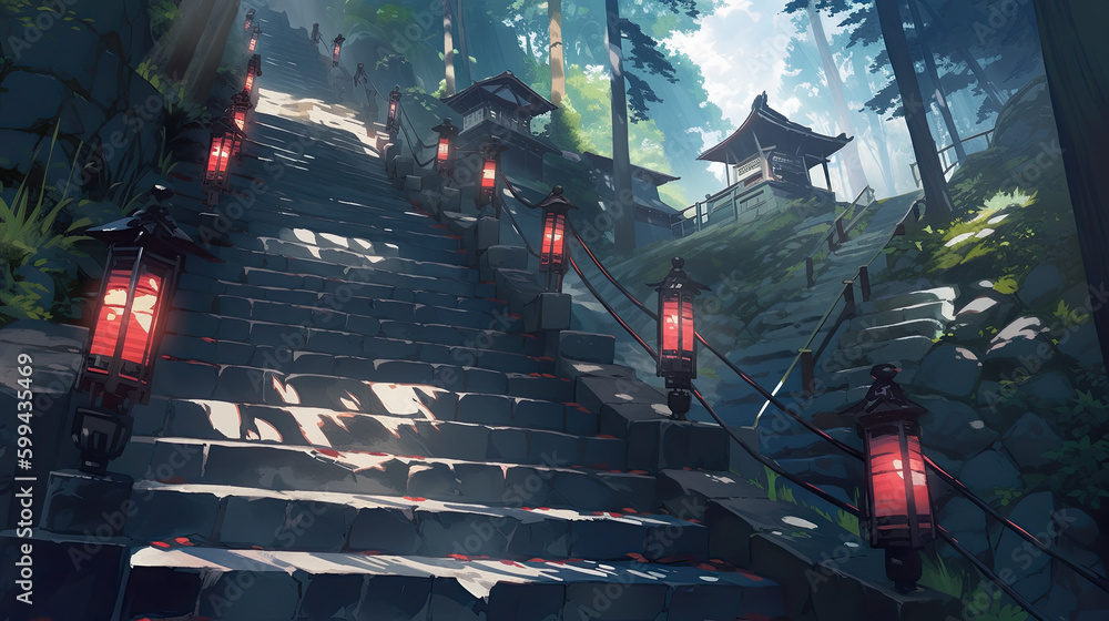 Poster a set of stairs leading up to a temple. ai generative. generative ai