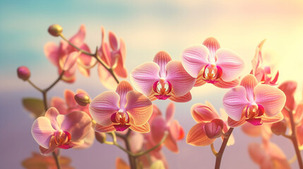 Obraz premium Orchid Flower Plant Petals Close Up With Luminescent Pastel Glow on Light Floral Colored Background - Generative AI