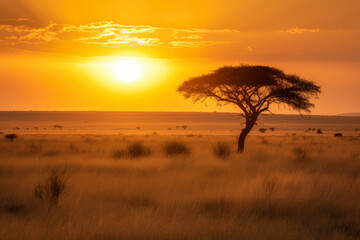 Fototapeta na wymiar Golden Sunset Over a Lone Acacia Tree in the African Savannah, generative ai