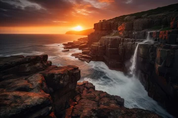 Selbstklebende Fototapeten Grand Cliff Face with Waterfall and Fiery Sunset, generative ai © aicandy