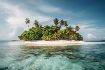 Fototapeta na wymiar Island with a Serene and Pristine Beach, Surrounded by Palm Trees, generative ai