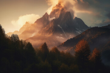 Fototapeta premium Jagged mountain peak enveloped in mist and bathed in the warm hues of a sunrise, generative ai