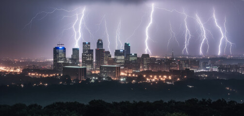 Lightning storm electrifies the night sky above a city skyline, generative ai