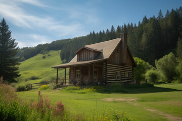 Fototapeta premium Log cabin in the heart of the valley surrounded by verdant green forests and rolling hills, generative ai