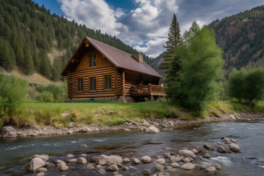 Log cabin nestled in the midst of the picturesque valley with sparkling river, generative ai