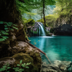 Majestic waterfall dropping from a rocky cliff into a turquoise pool in a vibrant forest, generative ai