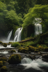 Obraz premium majestic waterfalls cascading down into a serene river, surrounded by towering green trees and mossy rocks, generative ai