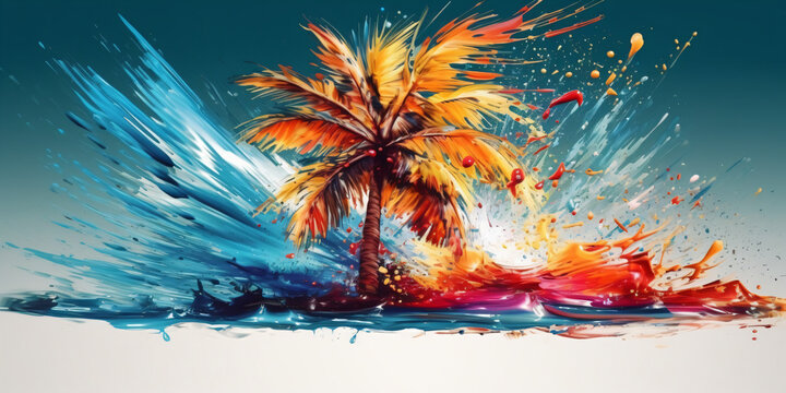 Tropical sunny vacation on a paradise island, abstract palm trees as glamorous splashes of colorful paint.