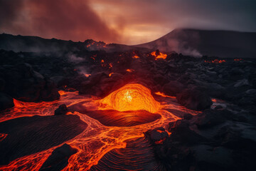 Fototapeta premium Molten Rivers of Fire Erupting Volcano Spewing Lava and Smoke into the Sky, generative ai