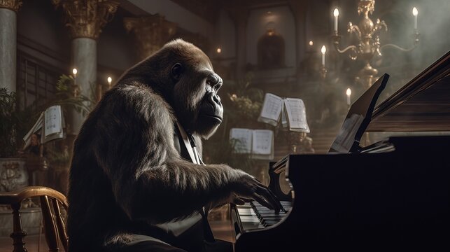 Giant gorilla playing the piano at a concert hall. Surreal bizarre imaginative scenario. Generative AI.