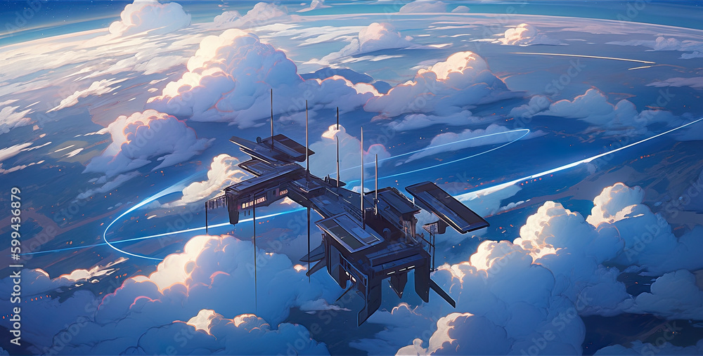 Poster a space station floating in the clouds above the earth. ai generative. generative ai