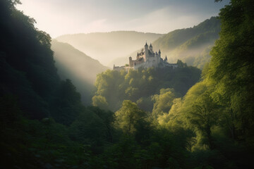 Mystical valley with a castle in the distance, generative ai