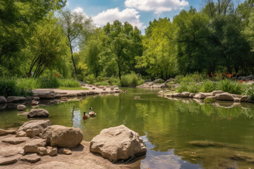 Fototapeta na wymiar Nature's Serenity Park with a Scenic Pond and Ducks, generative ai