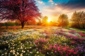 Nature's Canvas Breathtaking Spring Landscape with a Multitude of Blooming Flowers, generative ai