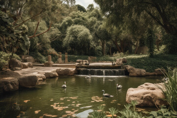 Oasis of Calm Park with a Pond, Ducks and a Waterfall, generative ai