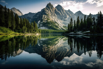 Peak Reflection Still Lake Reflects the Majestic Mountains, generative ai