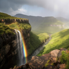 Picturesque Valley with a Rainbow in the Sky and a Waterfall, generative ai