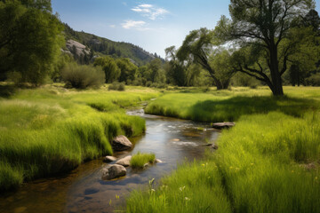 Fototapeta na wymiar Peaceful Valley with a Gentle Stream Flowing through the Verdant Meadow, generative ai